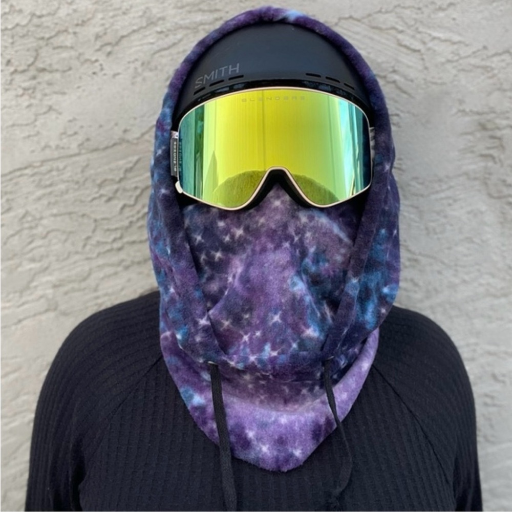 Smith Black Helmet with Purple Galaxy Balaclava and Yellow Mirror Goggles